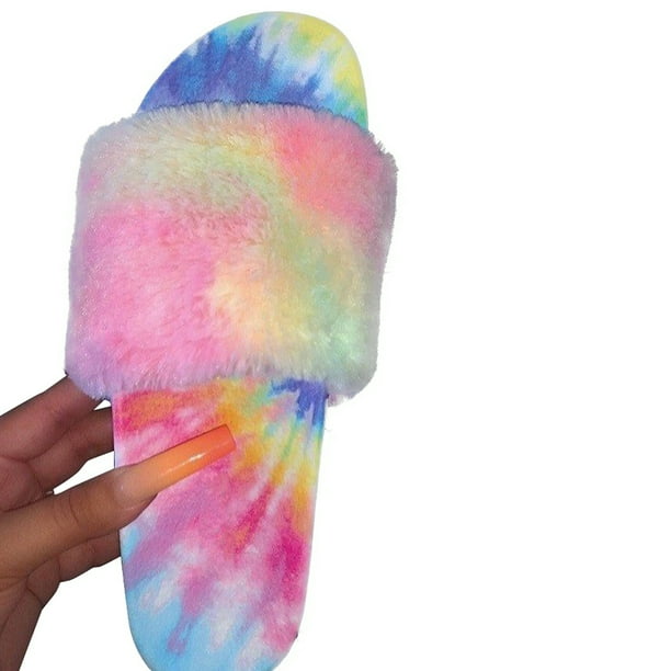 tie dye fur slides