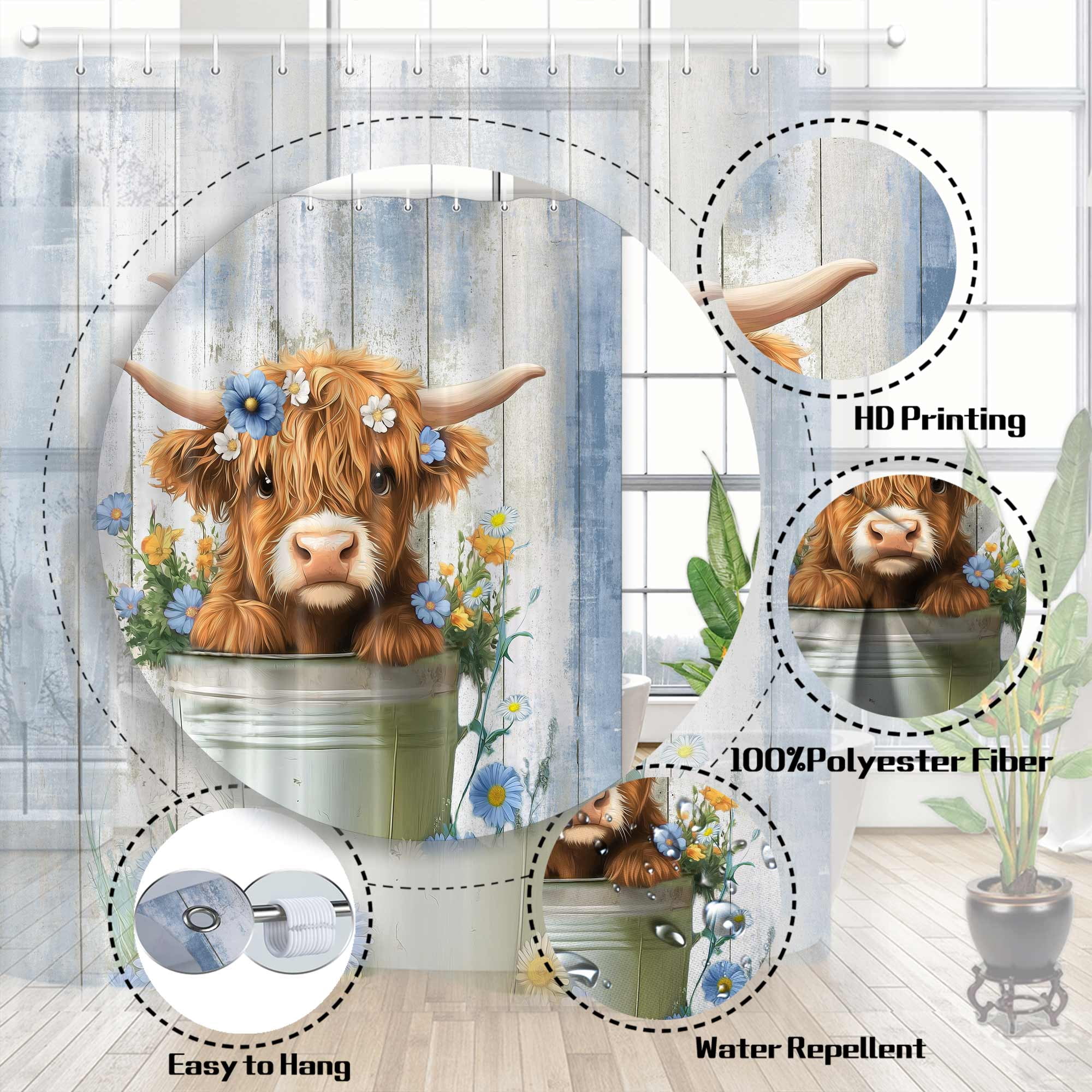Funny Highland Cow Shower Curtain, Cute Farmhouse Blue Floral Western Wood Animal Shower Curtain Set, Country Rustic Turquoise Bathroom Accessories Set Decor with Hooks, 47X64in