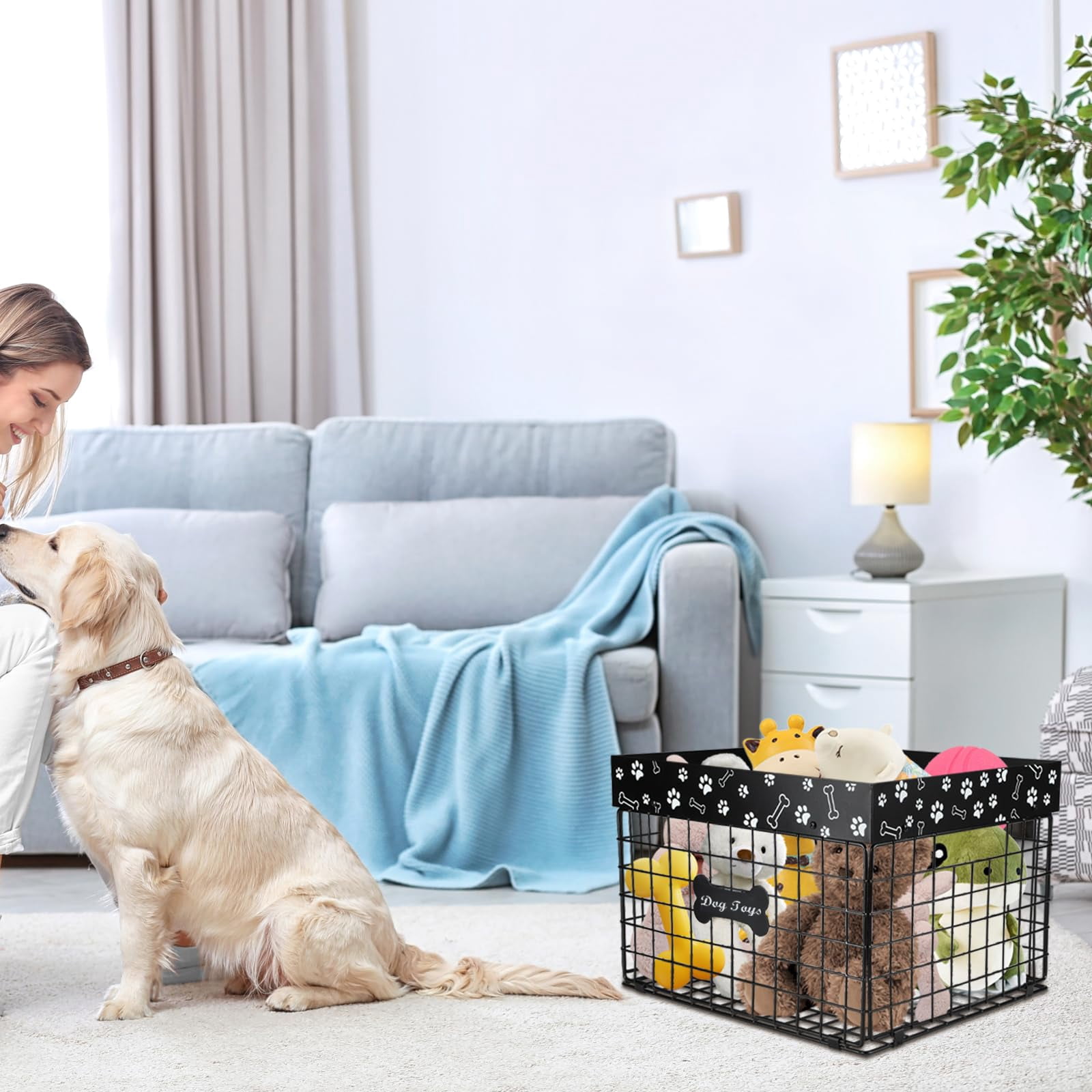 Black 2 Large Metal Dog Storage Basket for Pet Toys, Food, and Living Room Organization