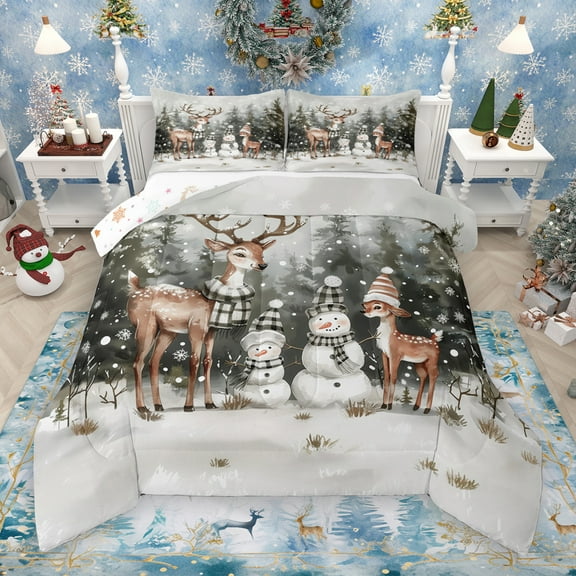 Manfei Kawaii Deer Snowman Bedding Comforter Set,Merry Christmas Twin Comforter Sets,Green White Brown Bedding Set For Kids,Microfiber Bedroom Decor Reversible,2-Piece