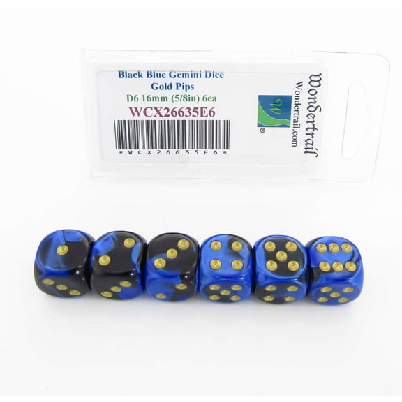 Black and Blue Gemini Dice with Gold Pips D6 16mm (5/8in) Pack of 6 Wondertrail