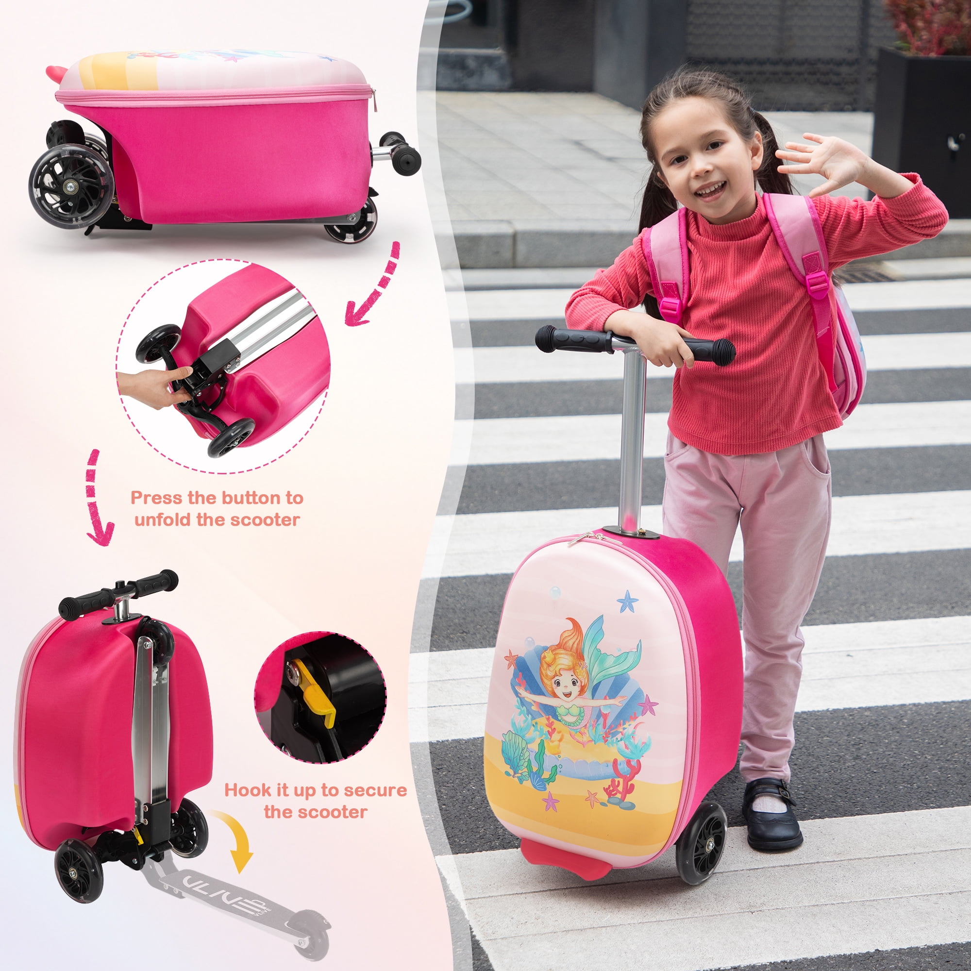 Tobbi Scooter Suitcase, Kid Carry on Luggage Scooter, Children Ride on Luggage for Girls, Pink