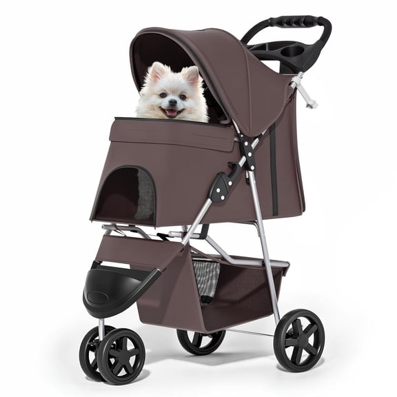 Neatifyes Foldable Dog Strollers for Small Dogs with Weather , 3 Wheels Pet Strolling Cart for Dogs and Cats with Storage Basket and Cup Holder, Breathable and Visible Mesh for All-Season, Coffee