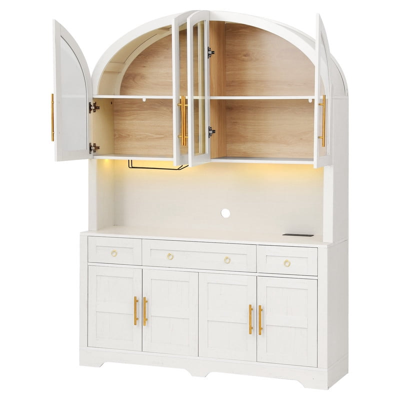 Arched Kitchen Pantry Cabinet with LED Lights & Charging Station, 55" Farmhouse Hutch Storage Cabinet with Glass Doors, Drawers, Adjustable Shelves & Barn Doors for Kitchen, Dining Room