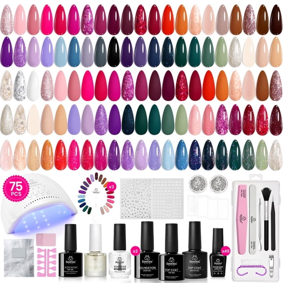 Beetles Spring Gel Nail Polish Kit with Uv Light, 75PCS 45 Colors Gel Polish Starter Kit with Base Top Coat, Exquisite Femininity Burgundy Red Green Nude Gel Polish Nail