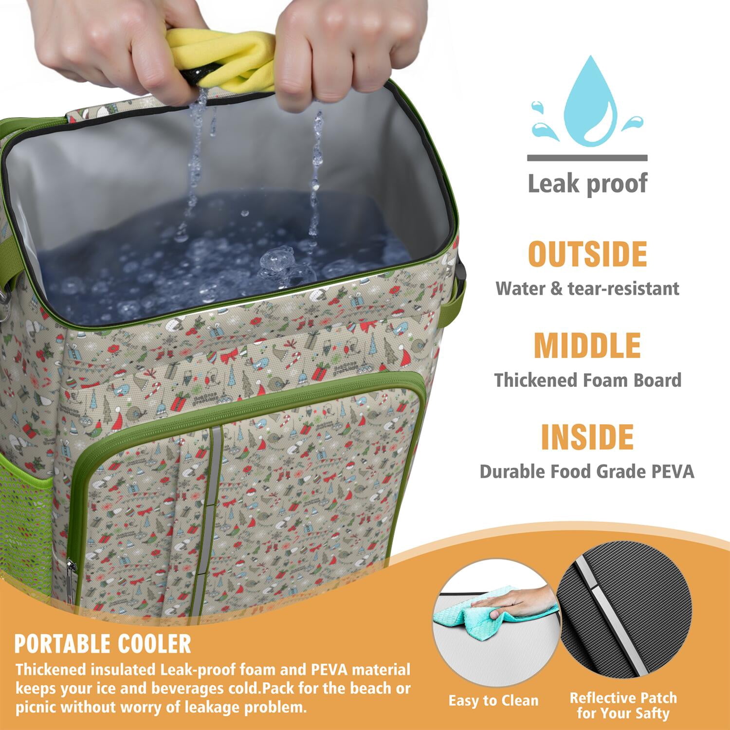 Travel Cooler Bag - Gray Christmas Icon Pattern Camping Beer Cooler Backpack with Bottle Opener- Waterproof Insulated Picnic Backpacks - Cooler Bag for Beach