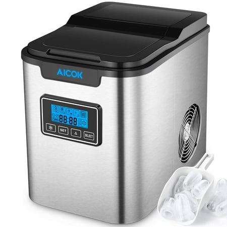 Aicok Portable Ice Maker, 26lbs Countertop Ice Machine with Self-clean Function, 26lbs Ice per 24 hours, 9 Ice Cubes ready in 7 Minutes, 2 Qt. Water Tank, LCD Display & Ice Scoop, Stainless Steel
