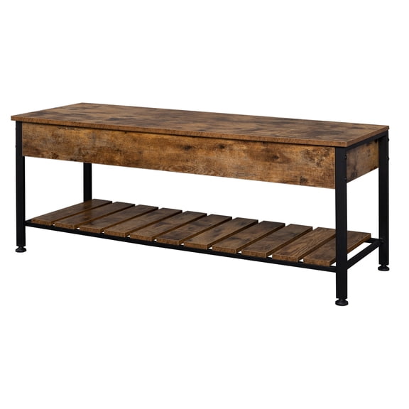 Industrial Storage Bench, Entryway Lift Top Shoe Storage Bench in Dining Room, Hallway, Living Room Metal Frame Rustic Brown
