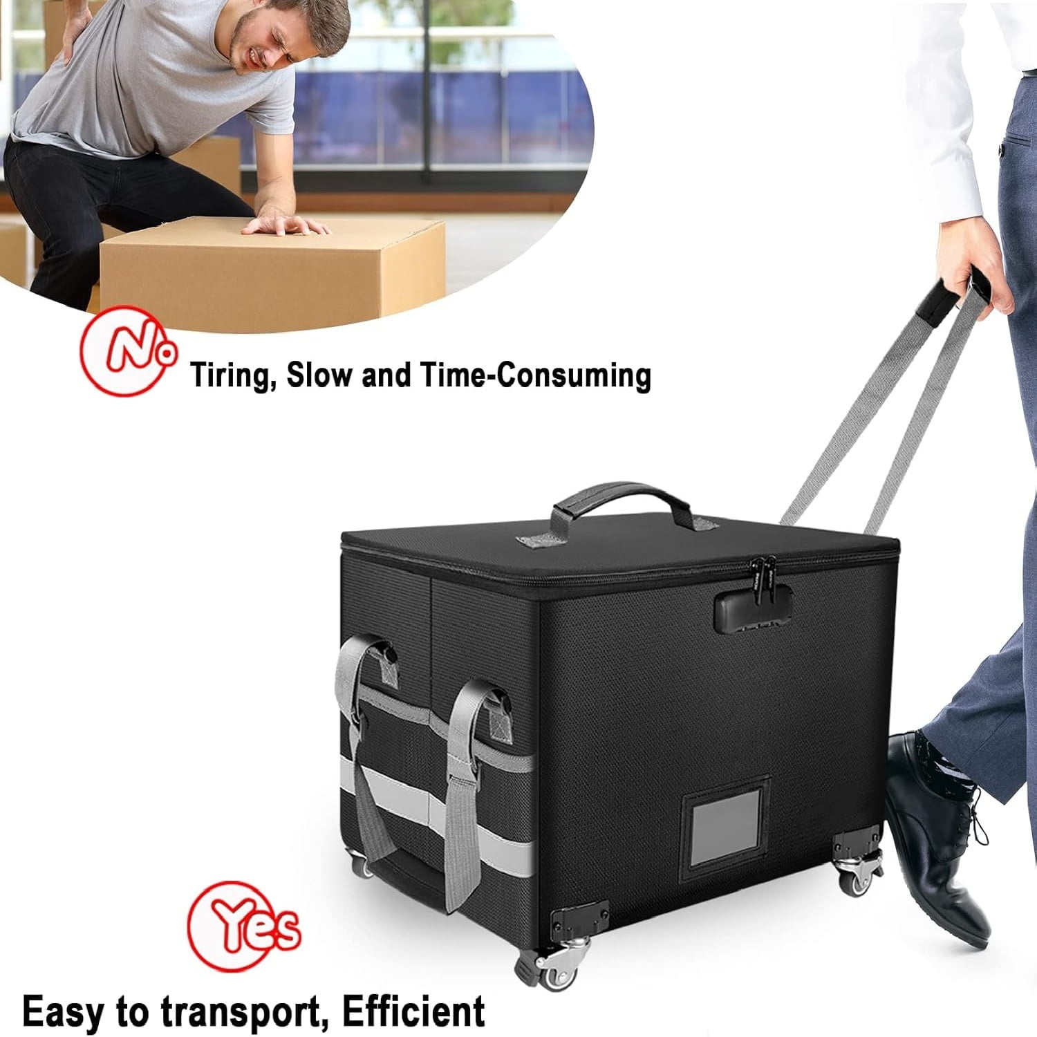 Fireproof Document Box with Wheels, Collapsible File Box with Lock, Rolling File Storage Organizer Filing Cabinet with Pockets, Portable Home Office Safe for Hanging Letter/Legal Folder