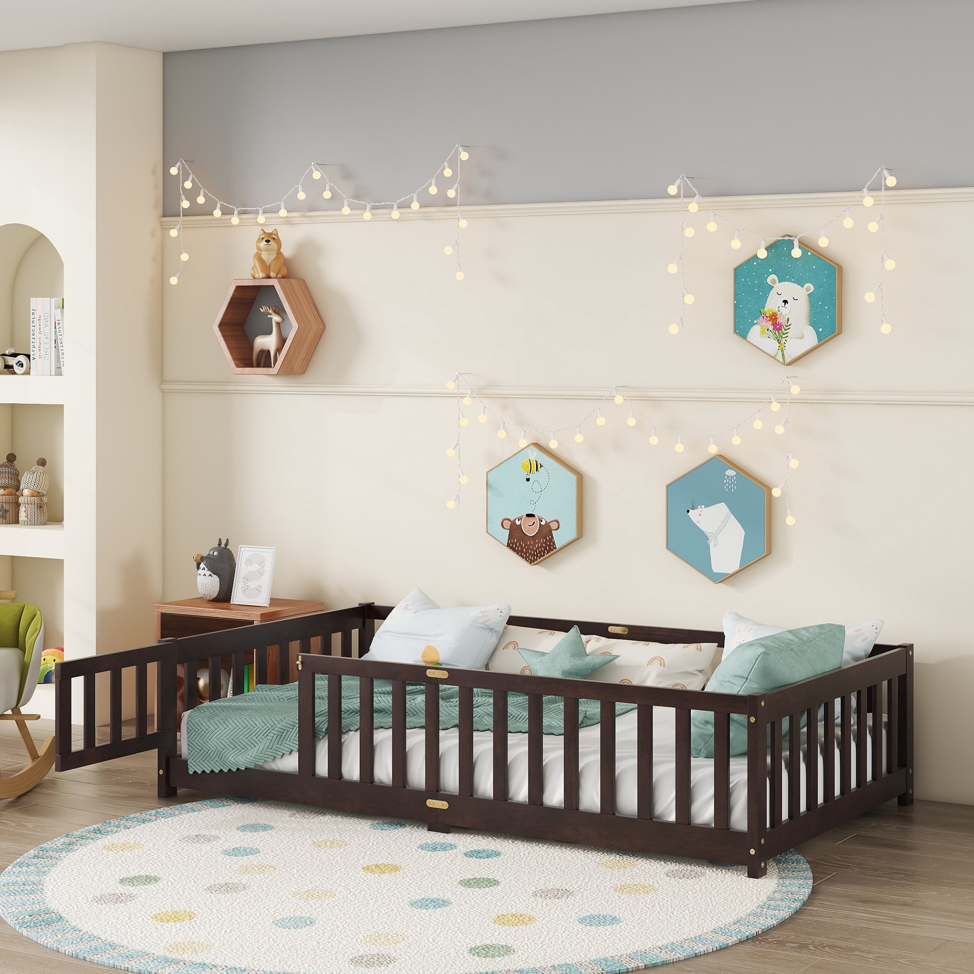 Alvantor Twin Size Floor Bed for Toddler, Solid Wood Floor Bed with Door and Fence Guardrail, Montessori Floor Bed for Boys, Girls,Espresso