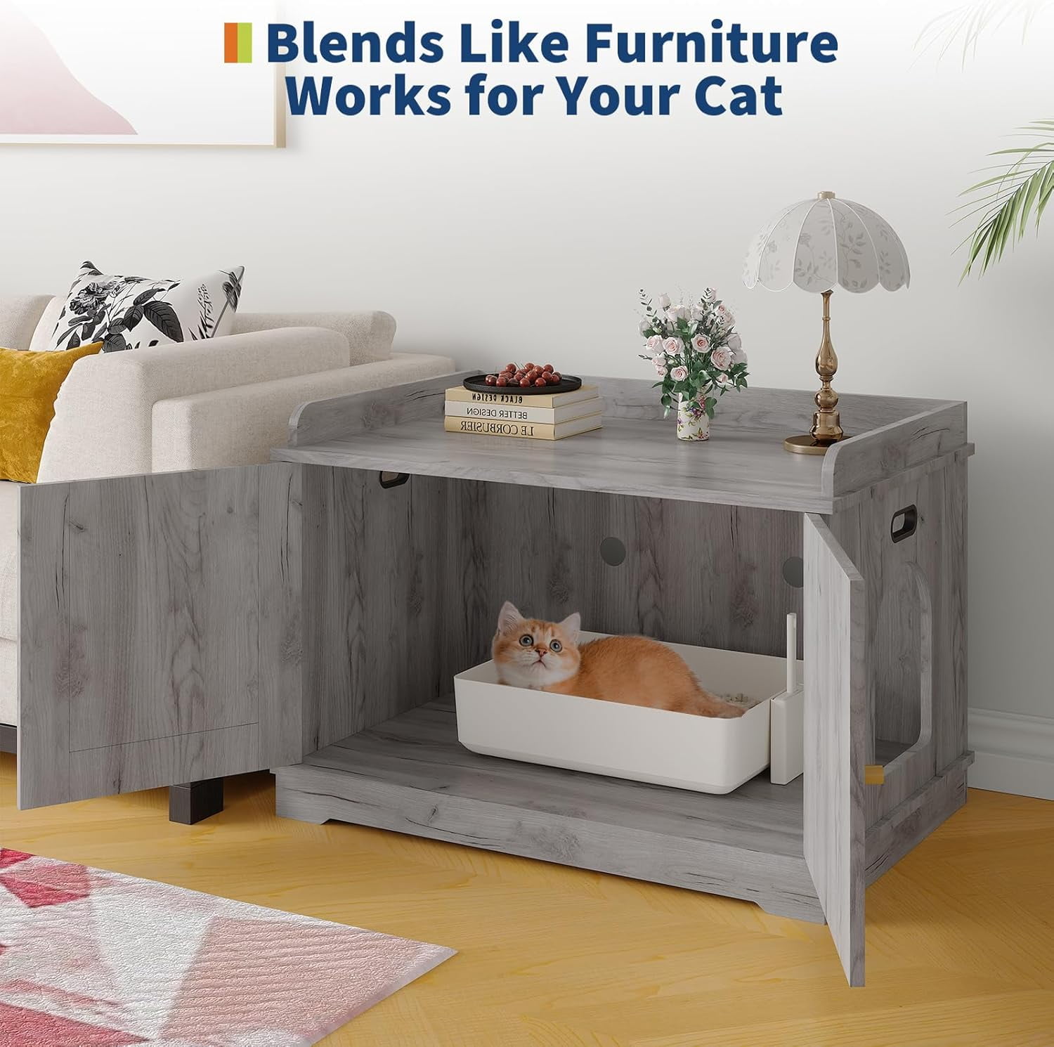 Acekid 31.5 Inch Cat Litter Box Enclosure, Wooden Hidden Litter Box Cabinet, Indoor Cat Washroom Furniture with Barn Door, Modern End Table,Smoke Gray