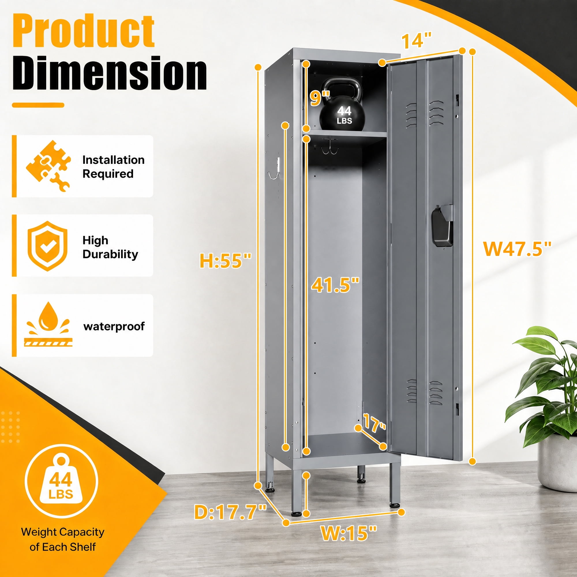 HOQBN 55" Tall Metal Wardrobe Cabinet,Waterproof Steel Clothing Storage Locker with Ventilated Door,Lock & Side Hooks,Vertical Bedroom Wardrobe for Small Apartment Home Office,Gray