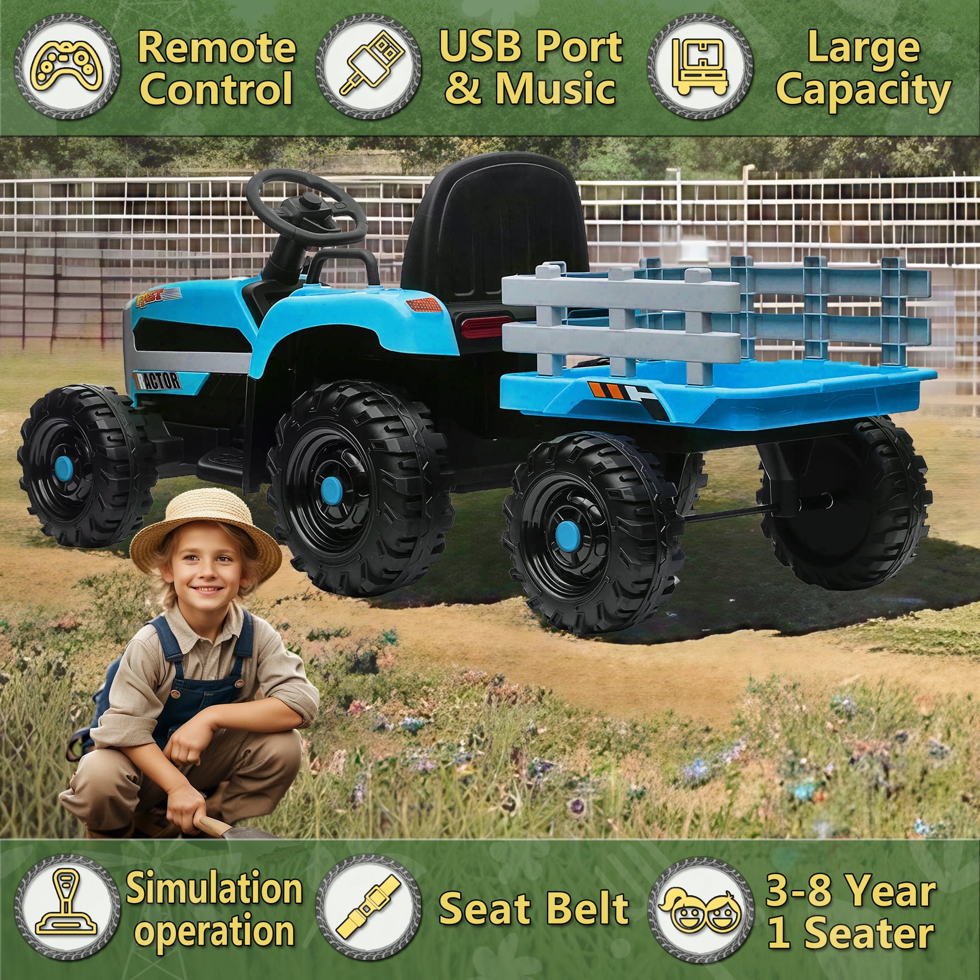 Xuanlur 24V Ride on Tractor with Remote Control, 24V Ride on Toy for Big Kids 3+, Kids Electric Vehicles Power Car Wheels with 400W Motor, USB, LED light, Bluetooth, 3 Speed Adjustable (Orange)