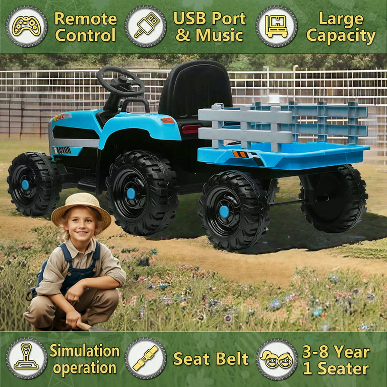 Dropship Ride On Tractor With Trailer,12V Battery Powered Electric Tractor  Toy W/Remote Control,electric Car For Kids,Three Speed Adjustable,Power  Display, USB,MP3 ,Bluetooth,LED Light,Two-point Safety Belt to Sell Online  at a Lower Price