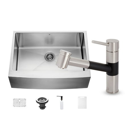 Vigo All In One 30 Stainless Steel Farmhouse Kitchen Sink And Branson Stainless Steel Matte Black Faucet Set