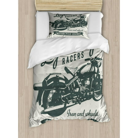 Motorcycle Duvet Cover Set Twin Size, Cruiser Bike Sketch with Hand Lettering Legendary Racers Quote, Decorative 2 Piece Bedding Set with 1 Pillow Sham, Pale Sage Green Dark Green, by