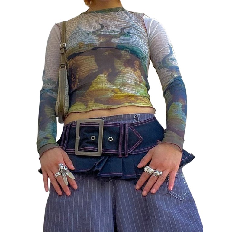 【セール】 ZQC Neck Round Sleeve Long Print Newspaper Tops Crop Women's トップス