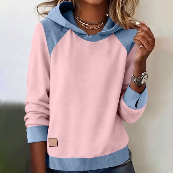 AUNVITO Women's Denim Patchwork Sweatshirt Hooded Long Sleeve Pullover with Stitching Casual Style