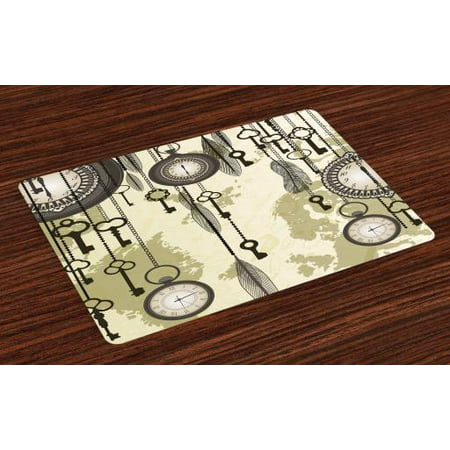Antique Placemats Set of 4 Old Days Design 20s Cultural Items and Tribal Feathers Changing Trends Theme, Washable Fabric Place Mats for Dining Room Kitchen Table Decor,Green Grey Cream, by