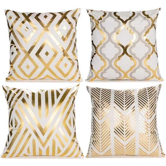 WYZCTTD 4PCS Throw Pillow Covers Gold Foil Pillow Covers 18 ×18 inch Geometric Square Decor,White and Gold