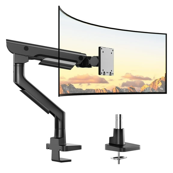 monTEK Sleek Aluminum Monitor Arm for 17–57” Ultrawide Screens up to 59 lbs, Heavy Duty Single Monitor Arm Desk Mount, Pneumatic Lift, Quick-Release Plate, Clamp/Grommet, Max VESA 100x100