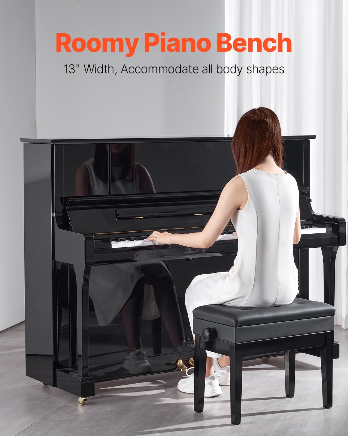 KFFKFF Piano Seating, 22" x 13" x 19.3", Piano Keyboard Seating with 19.3"-22.8" Height Adjustability, Cushioned Seat, Storage Space for Sheet Music, Timber Piano Bench, Suitable for Vanity
