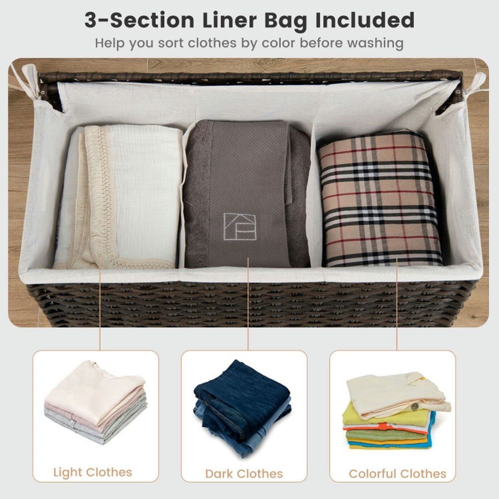 Finihen Laundry Hamper, Laundry Basket, 110L 3-Section Laundry Hamper with Liner Bag and Handle, for Bathroom, Laundry Room, Brown Finihen Laundry Hamper, Laundry Basket, 110L 3-Section Laundry Hamper with Liner Bag and Handle, for Bathroom, Laundry Room, Brown