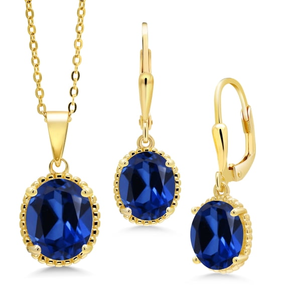 Gem Stone King 9.60 Ct Blue Created Sapphire 18K Yellow Gold Plated Silver Pendant and Earrings Jewelry Set