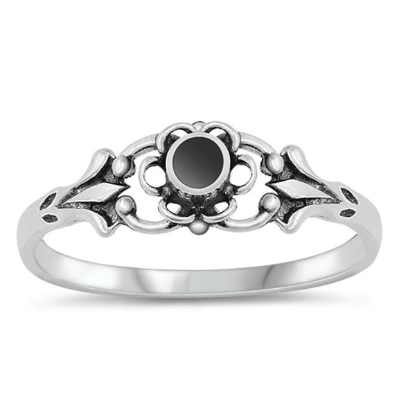 CHOOSE YOUR COLOR Vintage Simulated Black Onyx Flower Promise Ring .925 Sterling Silver Band CZ Female Size 8