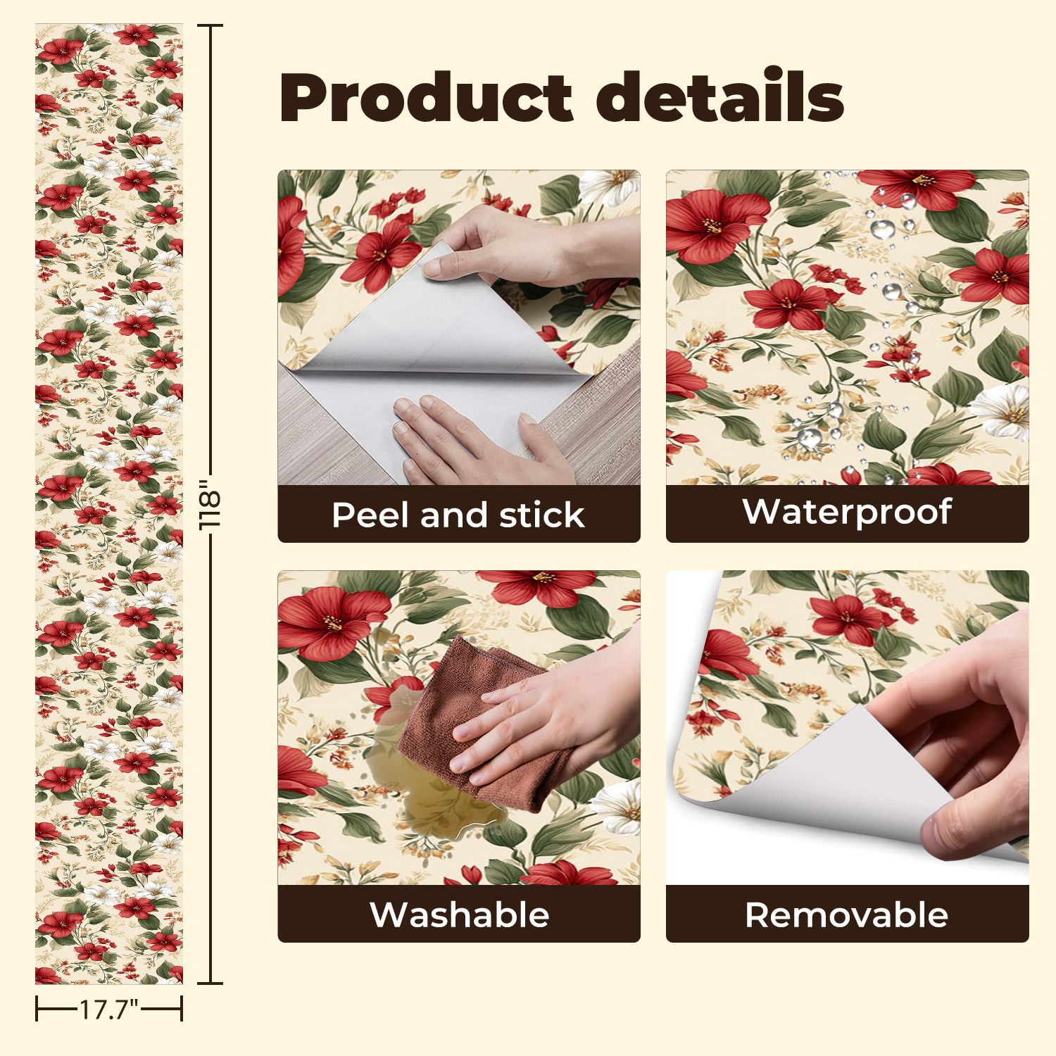 Flower Peel and Stick Wallpaper 17.7in x 9.8ft Elegant Floral Red White Flowers Soft Beige Contact Paper Vinyl Waterproof Self Adhesive Wall Paper for Bedroom Shelf Cabinet Renter Friendly