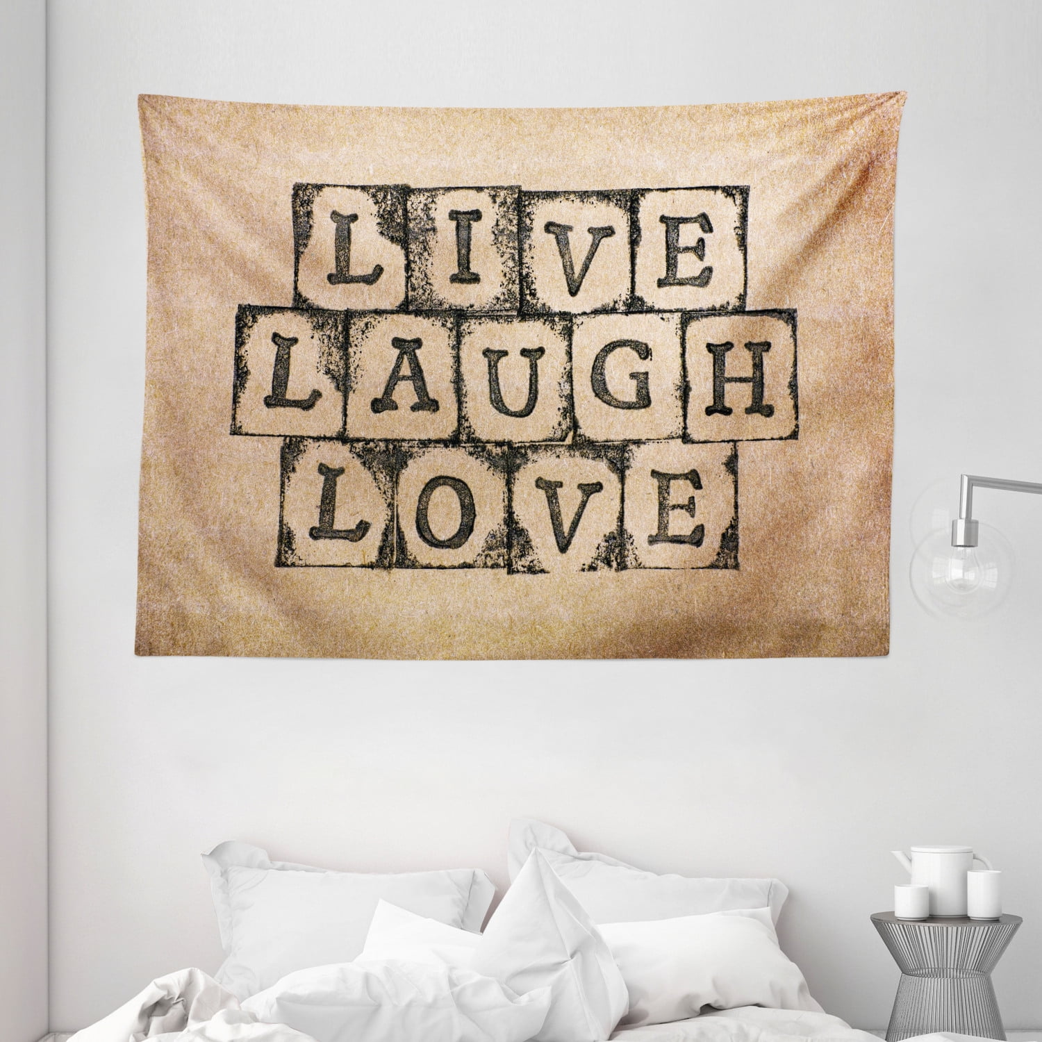 Live Laugh Love Decor Tapestry, Black Alphabet Stamps on Aged Grungy