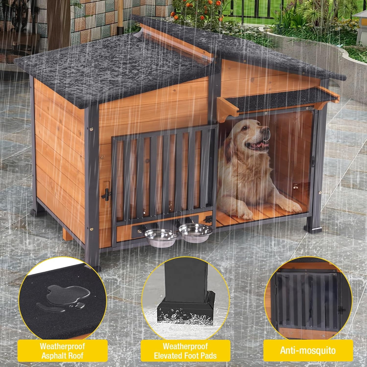 Dog House with Anti-Chewing Metal Frame Design Wooden Dog Kennel with Unique Design Roof, Weatherproof Dog House for Indoor & Outdoor Use (Wood, L)