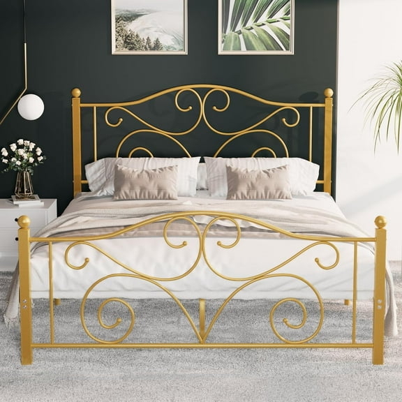 Full Size Bed Frame with Headboard and Footboard, Heavy Duty Metal Slat Support, Platform Mattress Foundation, No Box Spring Needed, Easy Assembly, Gold