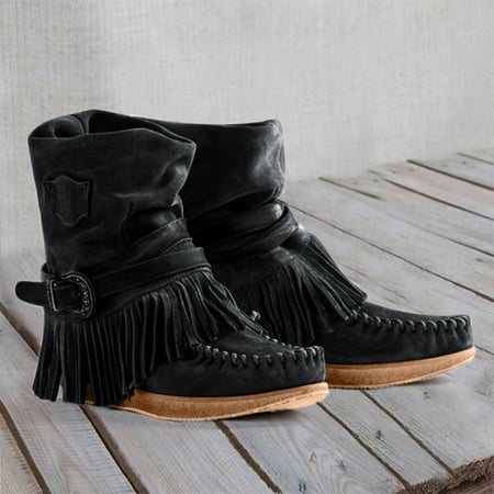 

Hunpta Boots For Women Fashion Casual Round Toe Retro Fringe Short Ankle Boots Flat Shoes