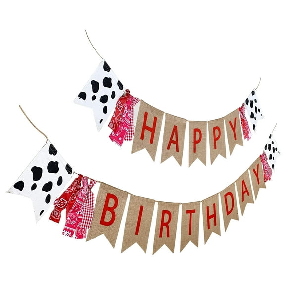 Farm Theme Birthday Banner, Burlap Barn Party Sign, Cow Print Fabric Happy Bday Banner Decorations Burlap Farm Bday Banner