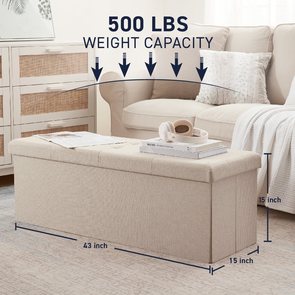 Ornavo Home Foldable Tufted Linen Large Storage Ottoman Bench Foot Rest Stool/Seat - 15" x 43" x 15"