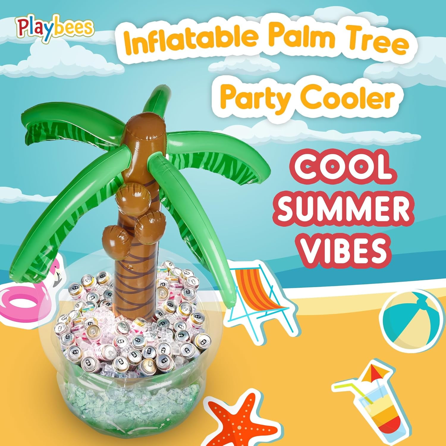 Playbees Inflatable Palm Tree Cooler 60" - 2 Pack Blow Up Palm Tree Party Cooler, Luau Hawaiian Tropical Beach Theme, Summer Swimming Pool Party Decorations - Outdoor Party Supplies - Kids Adults