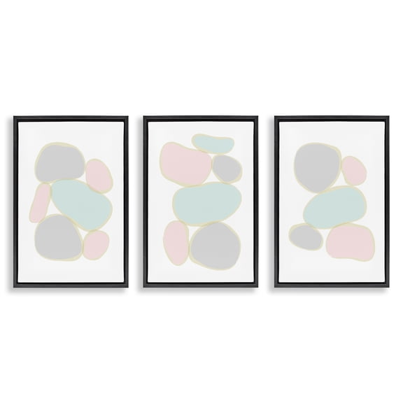 Stupell Industries Pastel Stones on White Abstract Painting Black Floater Framed Canvas Art Print Wall Art, 17 x 25, Set of 3