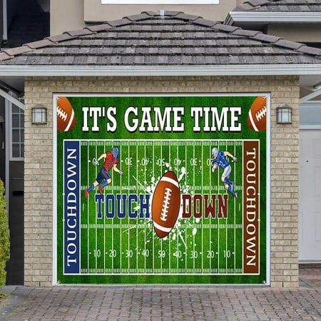Football Garage Door Cover Banner Decorations, Football Field Themed Outdoor Single Car Garage Door Murals Buddy Decorations 8 X 7 Ft