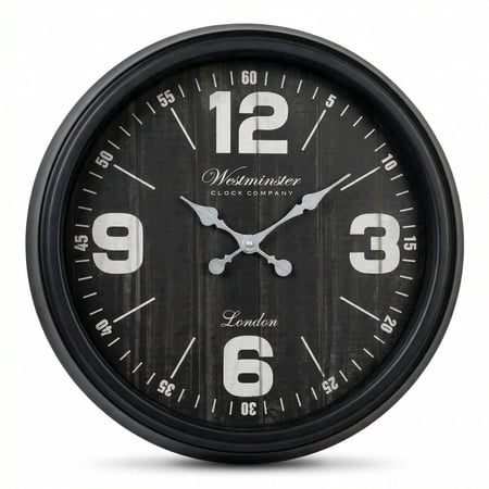Westminster Clocks 20 Inch Farmhouse Wall Clock, Distressed Woodgrain, Quartz, Black