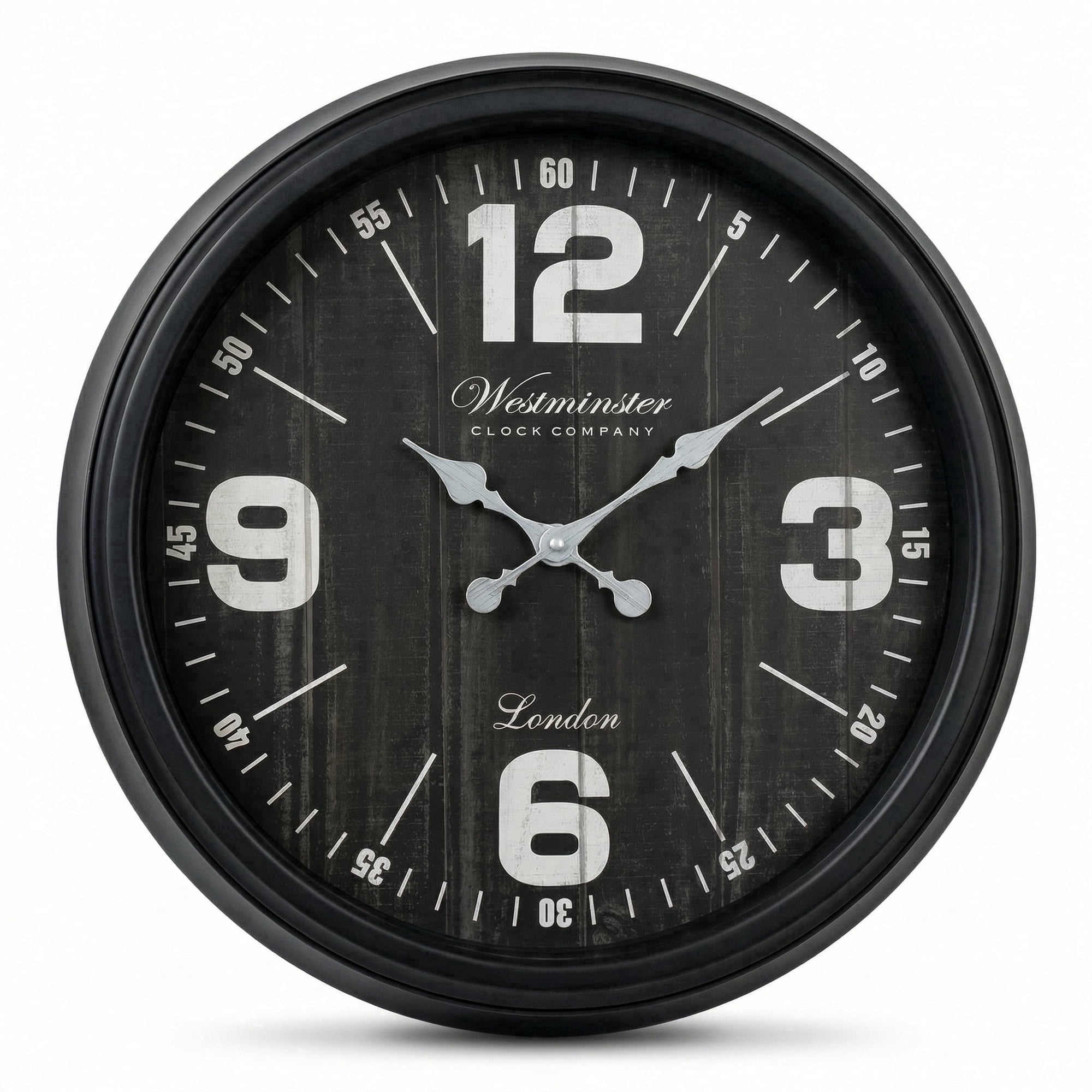 Westminster Clocks 20 Inch Farmhouse Wall Clock, Distressed Woodgrain, Quartz, Black