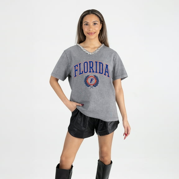 Women's Gameday Couture Gray Florida Gators Iconic Edge Rhinestone V-Neck T-Shirt