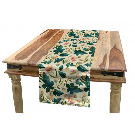 Floral Table Runner, Digital Style Tropical and Exotic Multi Petal with Lobed Wide Palm Leaves, Dining Room Kitchen Rectangular Runner, 3 Sizes, by Ambesonne