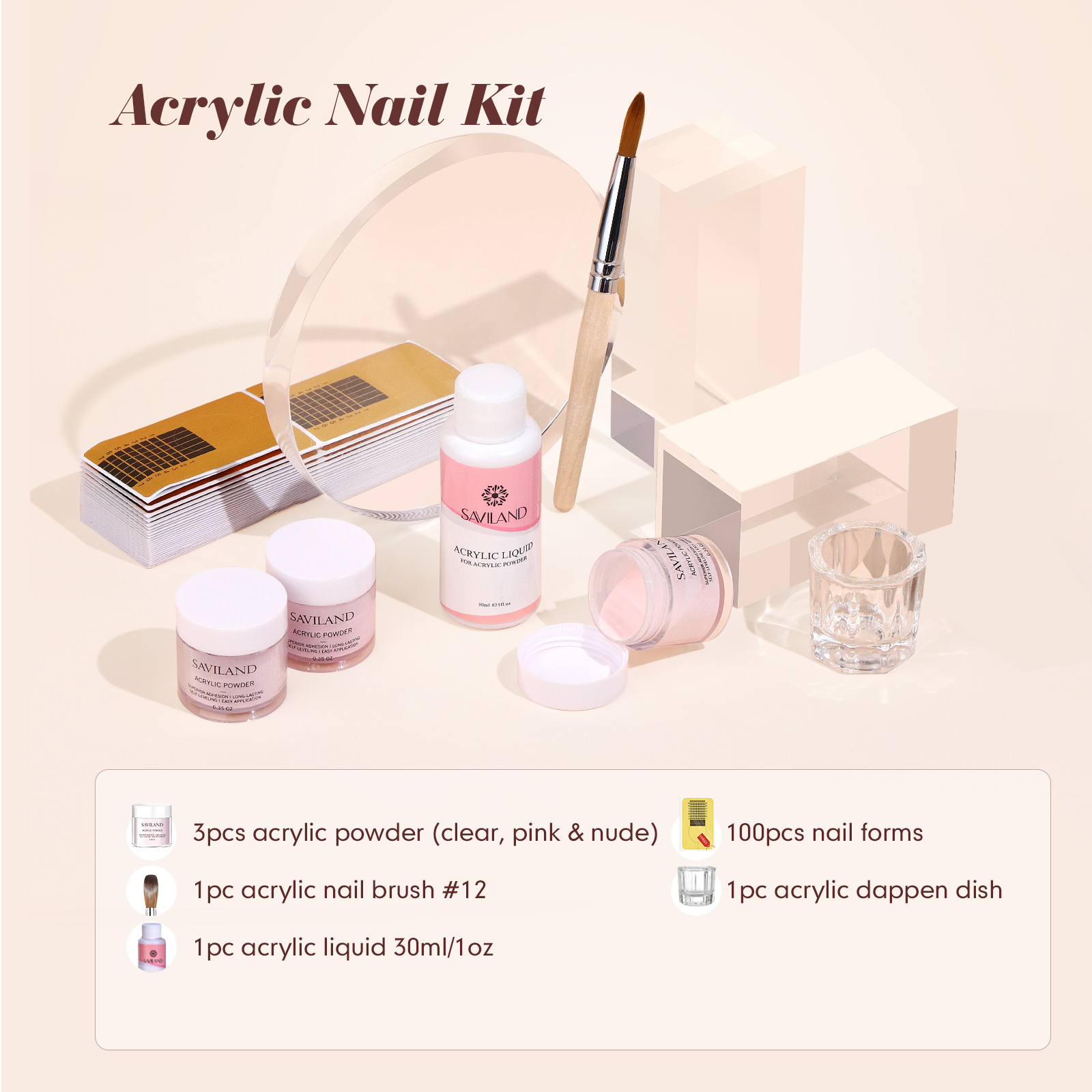 Saviland Acrylic Nail Kit - 3 Colors Clear/Pink/Nudes Acrylic Powder and Liquid Set with Monomer Acrylic Liquid, Acrylic Nail Brush and Nail Forms for Beginner - image 3 of 9