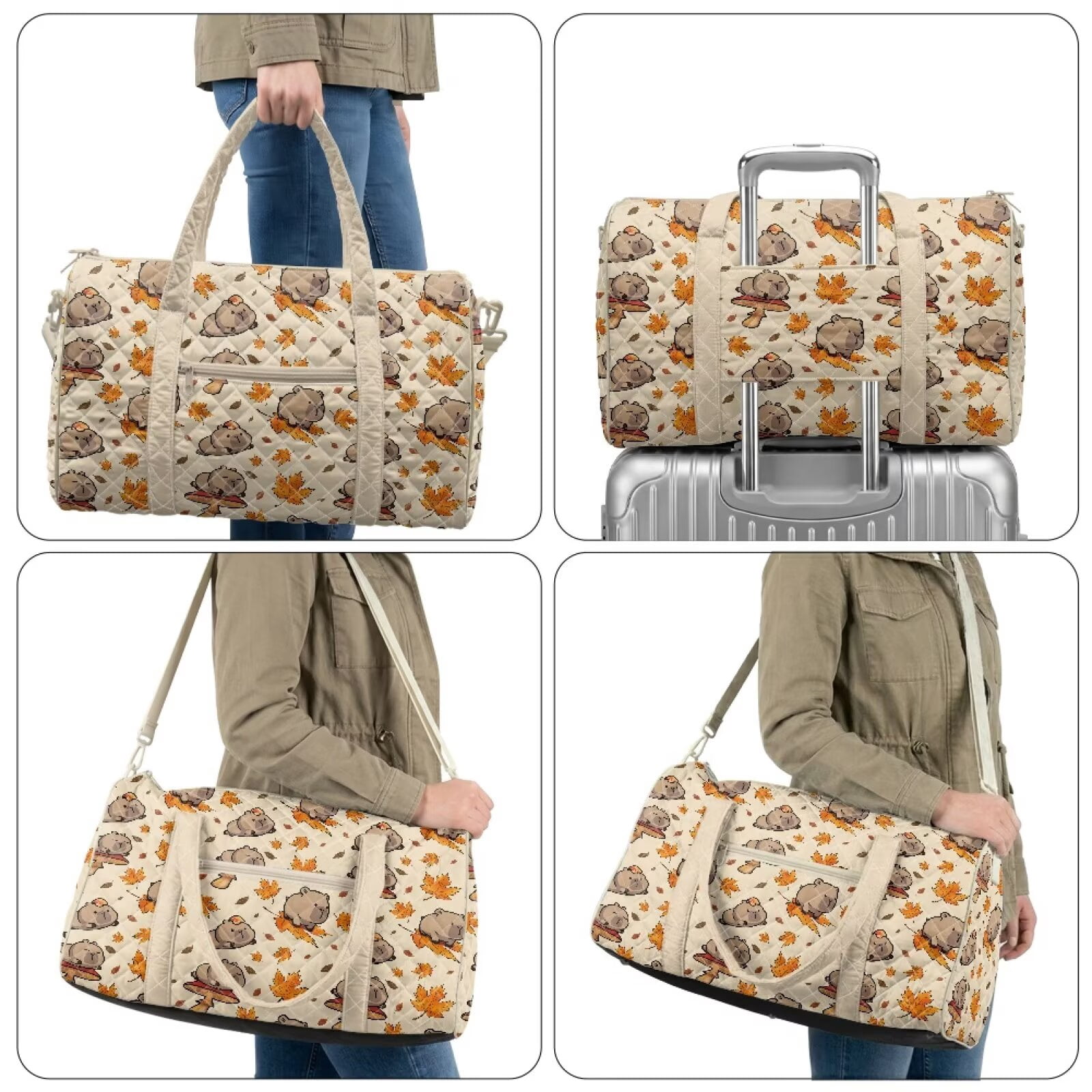 Garronmavis Cute Capybara Maple Leaf Print Large Quilted Duffle Bag for Women, Weekender Travel Bag Carry On Tote Gym Overnight Bag with Luggage Sleeve