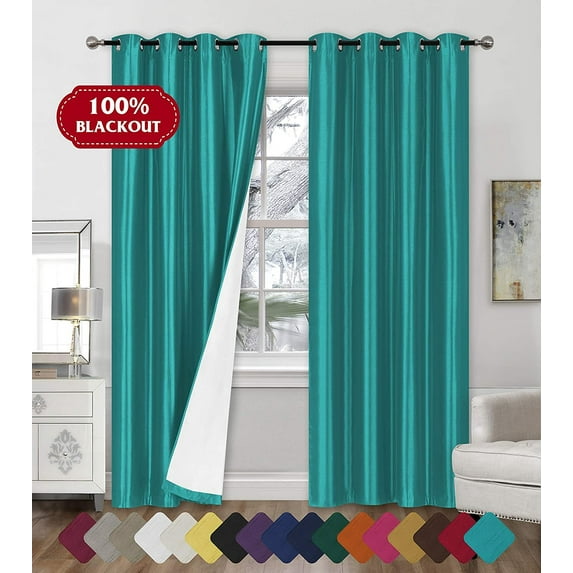 Faux Silk Blackout Curtains - 2-Panel Sets of 54x84 Room Darkening Black Out Curtains for Bedroom - Durable Thermal Insulated, Sun and Sound Blocking Dark Window Curtain - FS3, 84", Turq/Aqua
