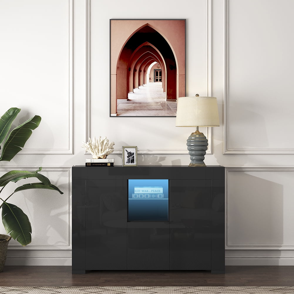 Kadyn Kitchen Sideboard Cupboard, Accent Storage Cabinet with LED Light, High Gloss Buffet Storage Cabinet with Drawer and 2 Doors, Balck Kadyn Kitchen Sideboard Cupboard, Accent Storage Cabinet with LED Light, High Gloss Buffet Storage Cabinet with Drawer and 2 Doors, Balck