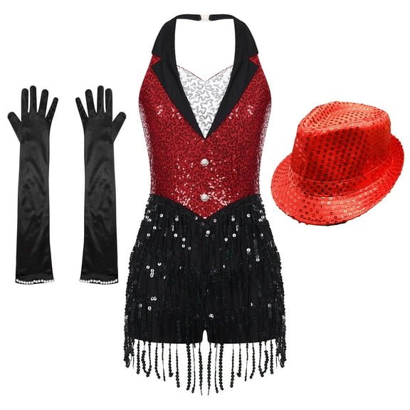 iiniim Women Tuxedo Bodysuit Fringe Latin Dance Leotard with Gloves Hat Ballroom Dancewear A Red M