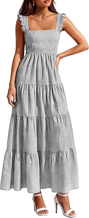 PRETTYGARDEN Womens Summer Casual Maxi Dresses Striped Square Neck Sleeveless Boho Flowy Sundress Beach Vacation Clothes