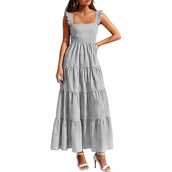 PRETTYGARDEN Womens Summer Casual Maxi Dresses Striped Square Neck Sleeveless Boho Flowy Sundress Beach Vacation Clothes